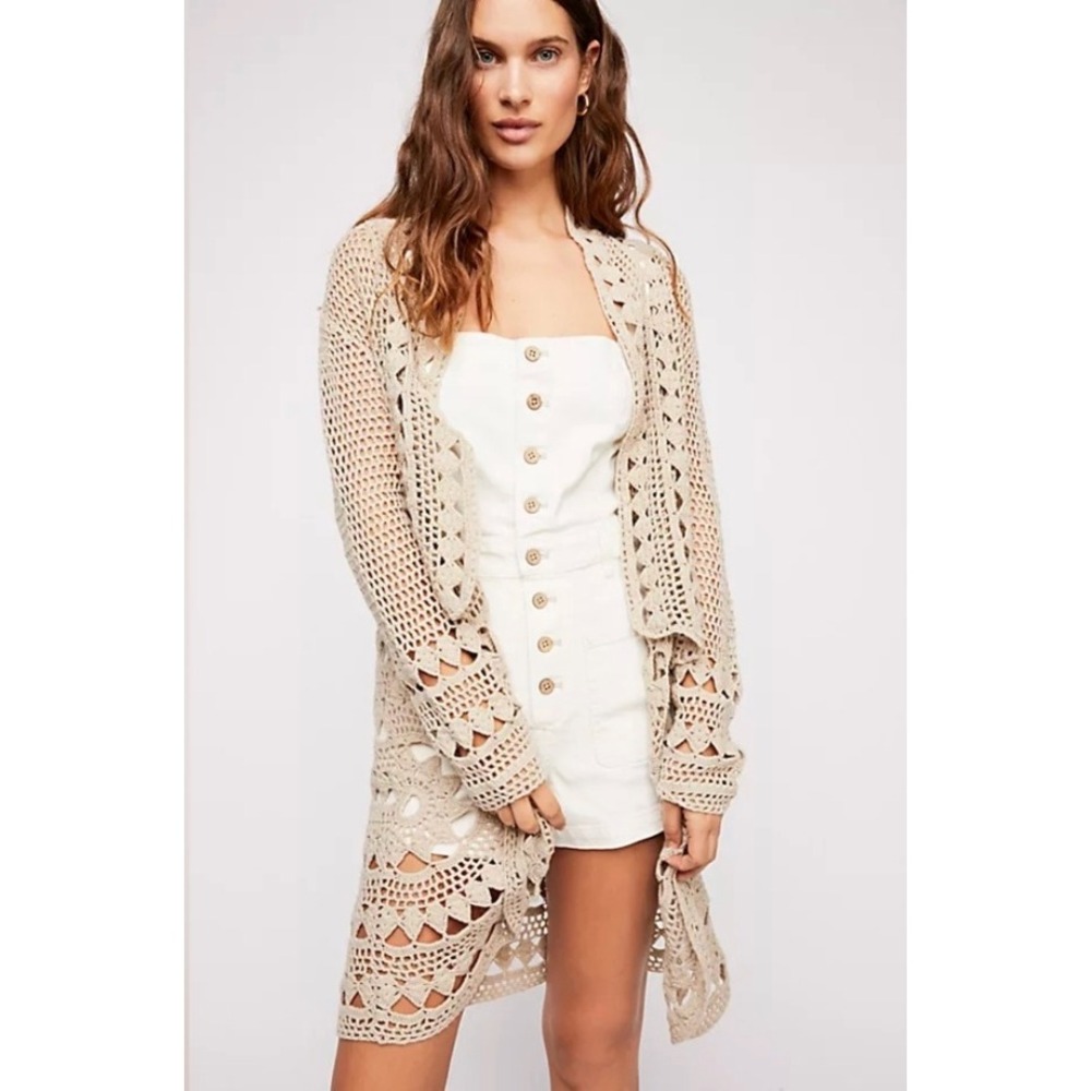 Free People Harmony Crochet Duster Cardigan Boho Open Knit Longline Size L